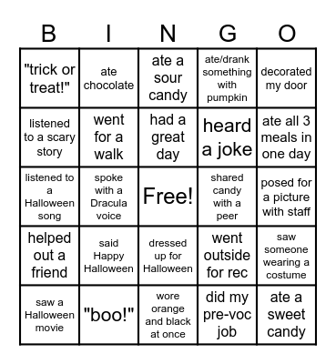 Gladman Halloween Bingo Card