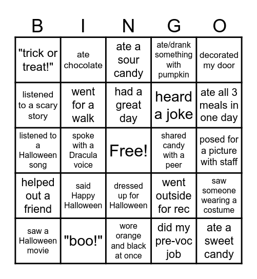 Gladman Halloween Bingo Card