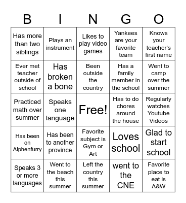 First Day of School Bingo Card