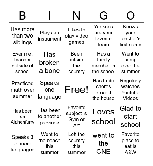 First Day of School Bingo Card