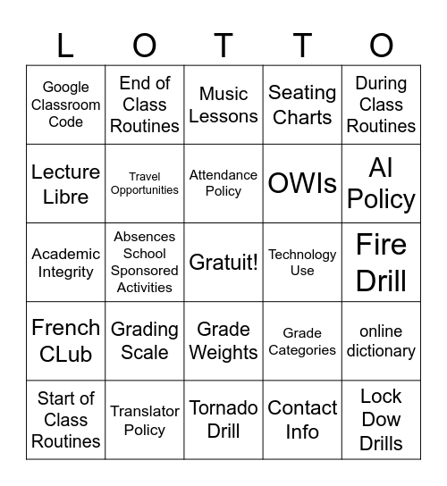 Syllabus de Madame Larson Bingo Card