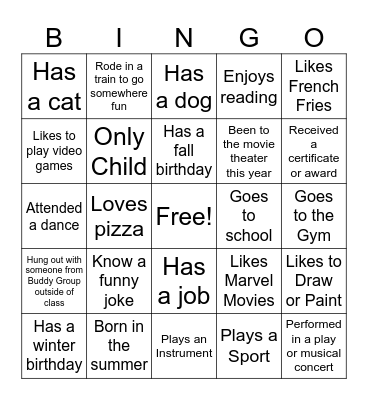 Life Experiences Bingo Card