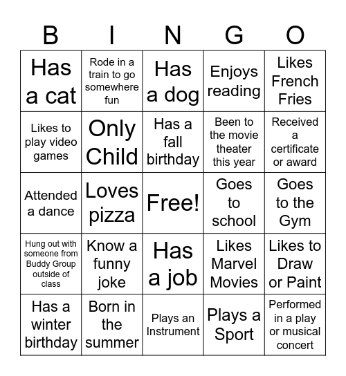Life Experiences Bingo Card