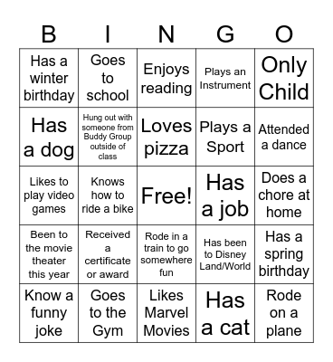 Life Experiences Bingo Card
