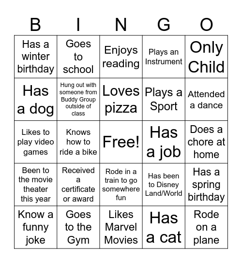 Life Experiences Bingo Card