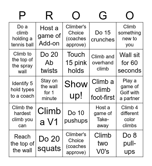 Climbing Team Bingo Card