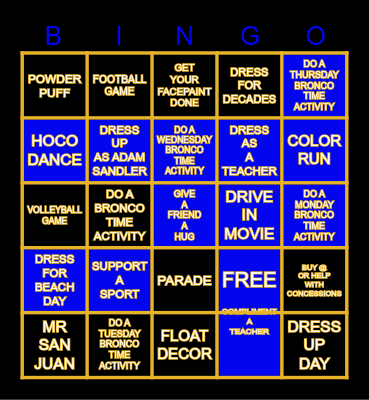 Homecoming 2025 Bingo Card