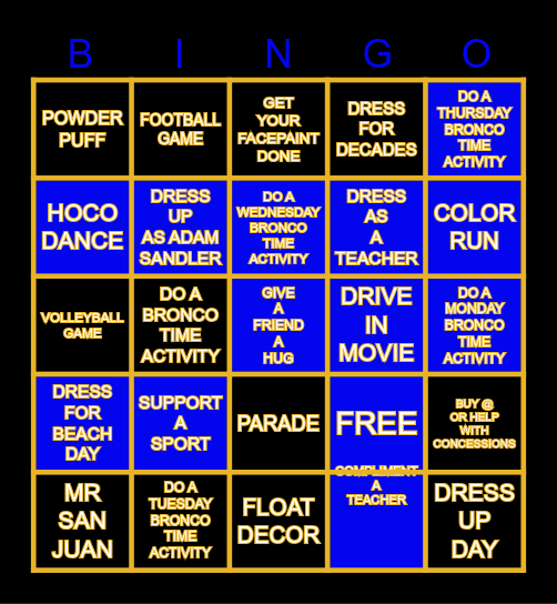 Homecoming 2025 Bingo Card
