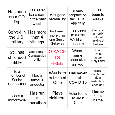 SENIOR GETAWAY BINGO Card