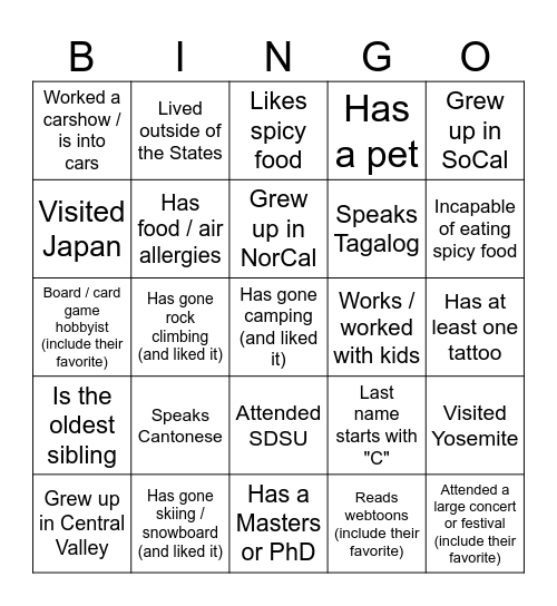 A&J Bingo Icebreaker Bingo Card