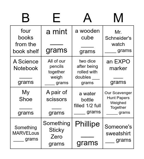 Triple Balance Beam Hunt!!! Bingo Card