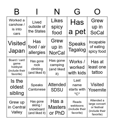 A&J Bingo Icebreaker Bingo Card