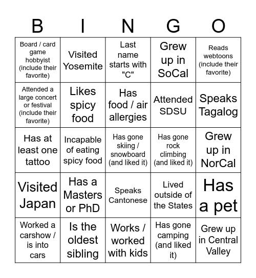 A&J Bingo Icebreaker Bingo Card