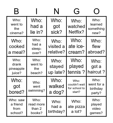 Summer Vacation Bingo! Bingo Card