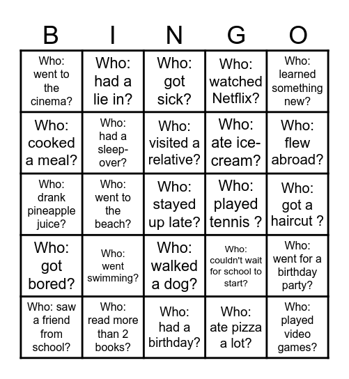 Summer Vacation Bingo! Bingo Card
