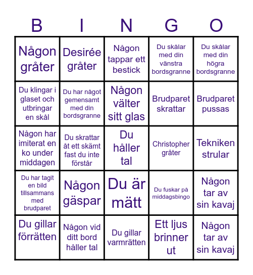 Middags- Bingo Card