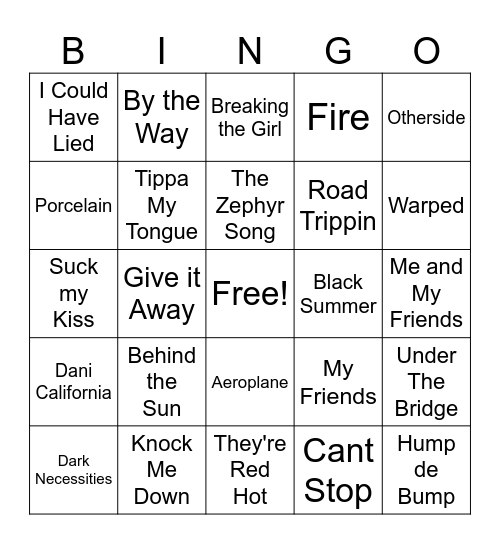 Red Hot Chili Peppers Bingo Card