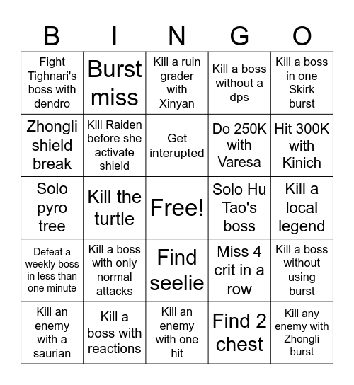 Genshin challenge Bingo Card