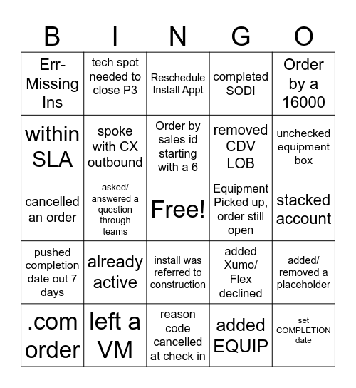 Past pending Bingo Card