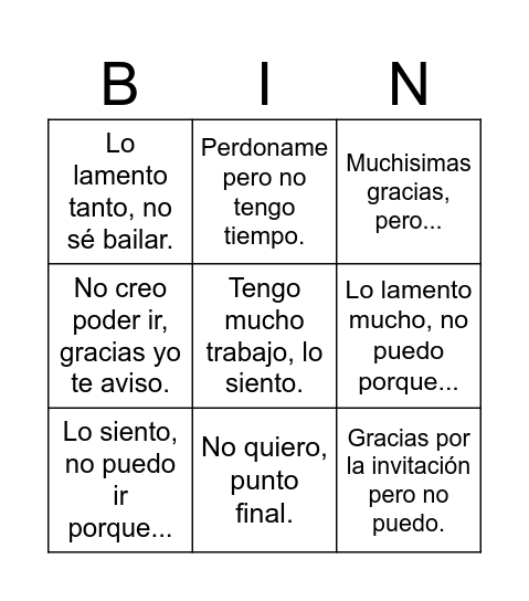 Rechazo Bingo Card