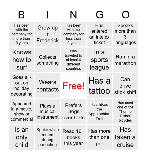 Thermo Fisher Belonging Week Bingo Card