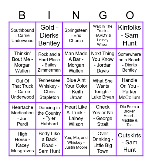 Todays Country Hits Bingo Card
