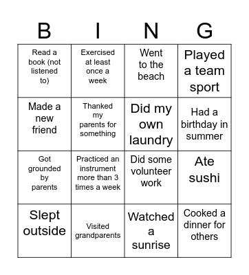 What's up, summer? Bingo Card