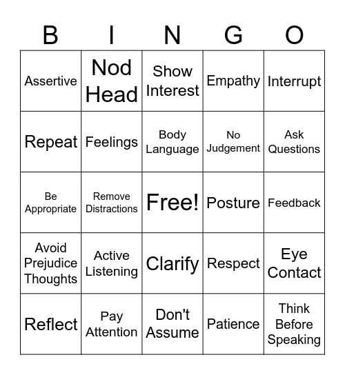 Active Listening Bingo Card