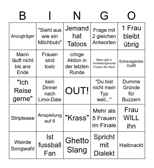 Take me OUT Bingo Card