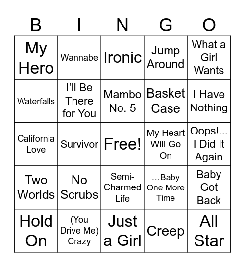 90's Hits Bingo Card
