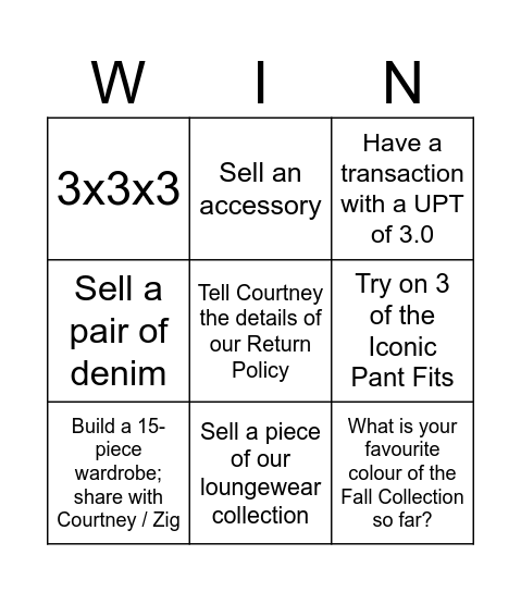 Wardrobe Wednesday Bingo Card