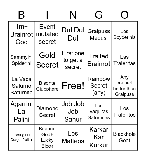 Steal a Brainrot Bingo Card