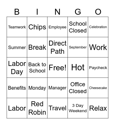 Labor Day Bingo Card
