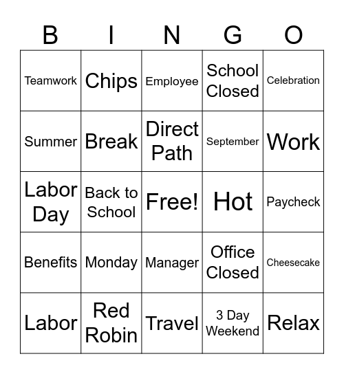Labor Day Bingo Card