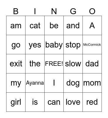 Sight Word Bingo Card