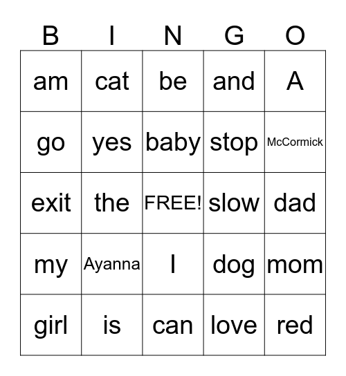 Sight Word Bingo Card