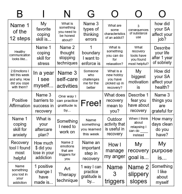 Recovery Management Bingo Card