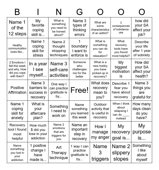 Recovery Management Bingo Card