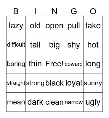 Opposites bingo Card