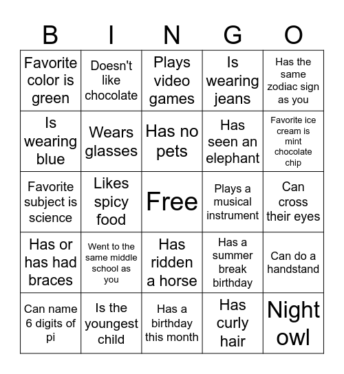 Ice Breaker Bingo Card