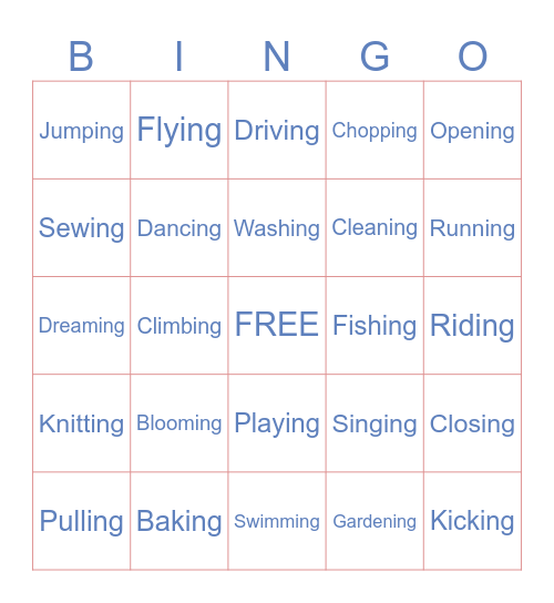 VERB + -ing Bingo Card