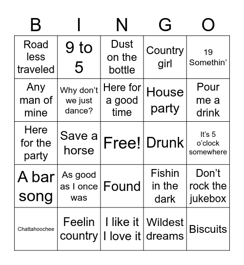 Country Mix Bingo Card