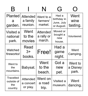 BWC Summer Break Bingo Card