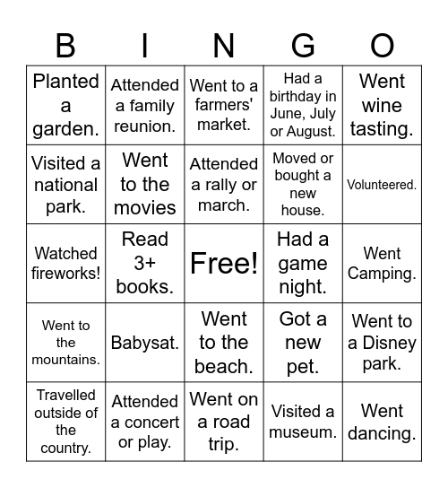 BWC Summer Break Bingo Card