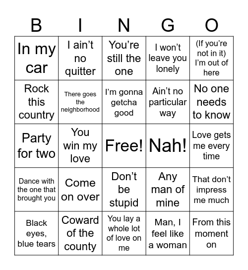 Shania Twain Bingo Card