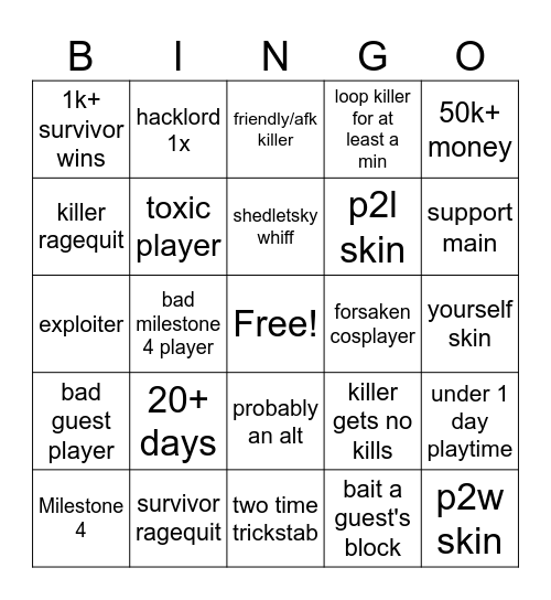 forsaken bingo Card