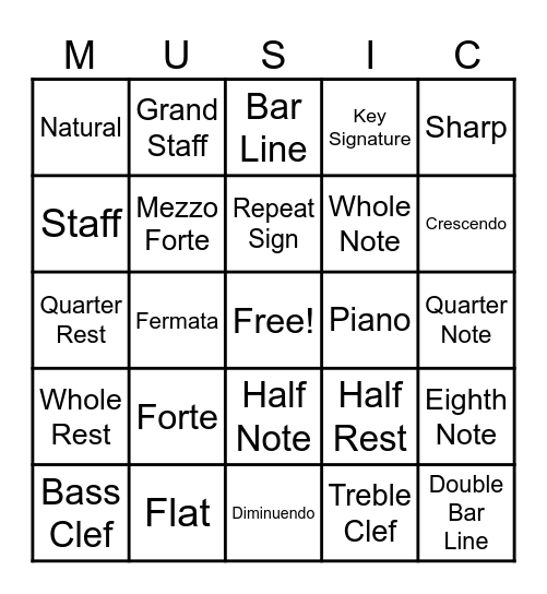 Musical Symbol Bingo Card