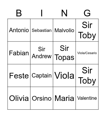 Twelfth Night Bingo Card
