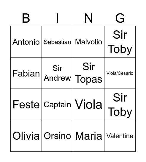 Twelfth Night Bingo Card