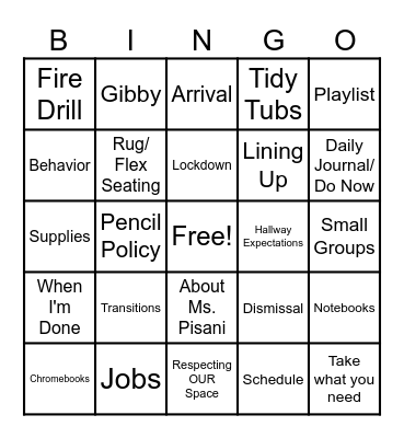Routines and Expectations Bingo Card